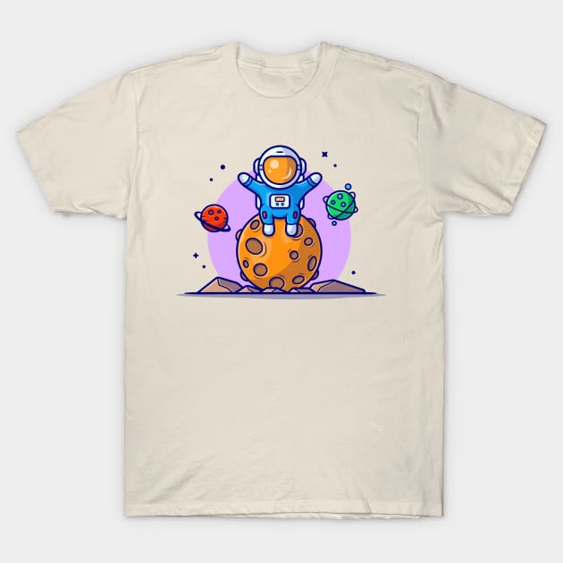 Cute Astronaut Sitting On Planet Space Cartoon Vector Icon Illustration T-Shirt by Catalyst Labs